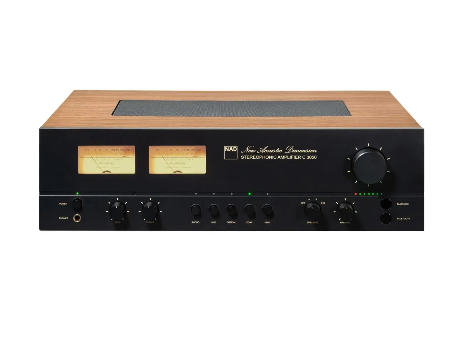 Vintage schwarzer Stereo-Verstärker mit Holzseitenteilen und zwei leuchtenden analogen Anzeigen.