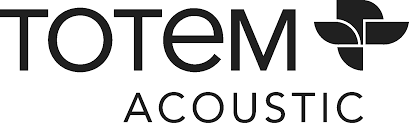 Totem Acoustic-Logo mit schwarzem Text und stilisiertem Blattsymbol auf weißem Hintergrund