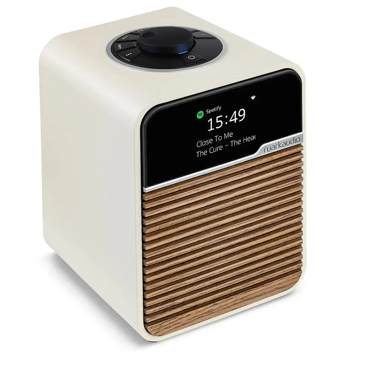 Kompakter, cremefarbener und holzfarbener Smart Speaker mit kleinem Digitaldisplay an der Vorderseite.