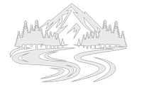 Mountain peak, trees, and winding road, all in grayscale.
