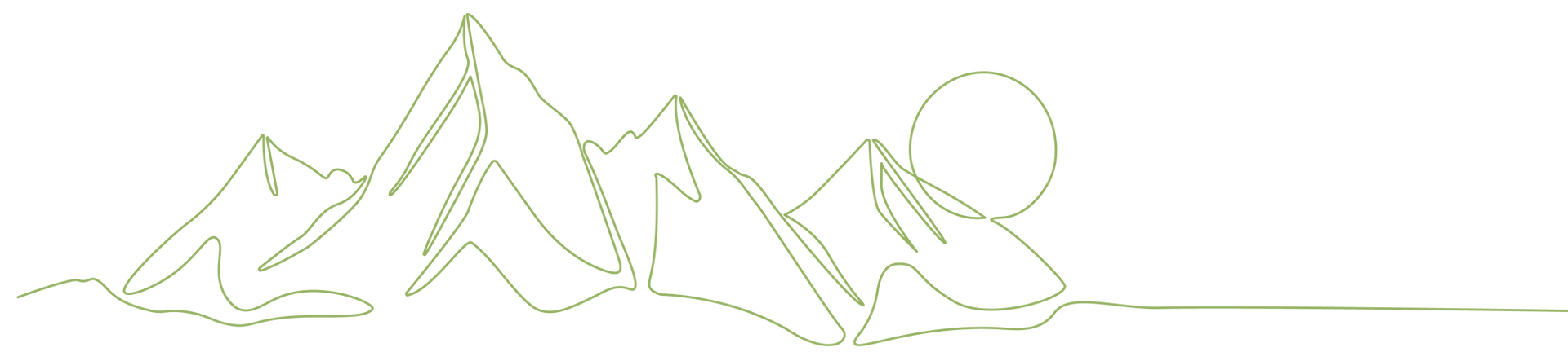 Mountains with a sun rising behind them, all in a thin, pale-green line drawing.