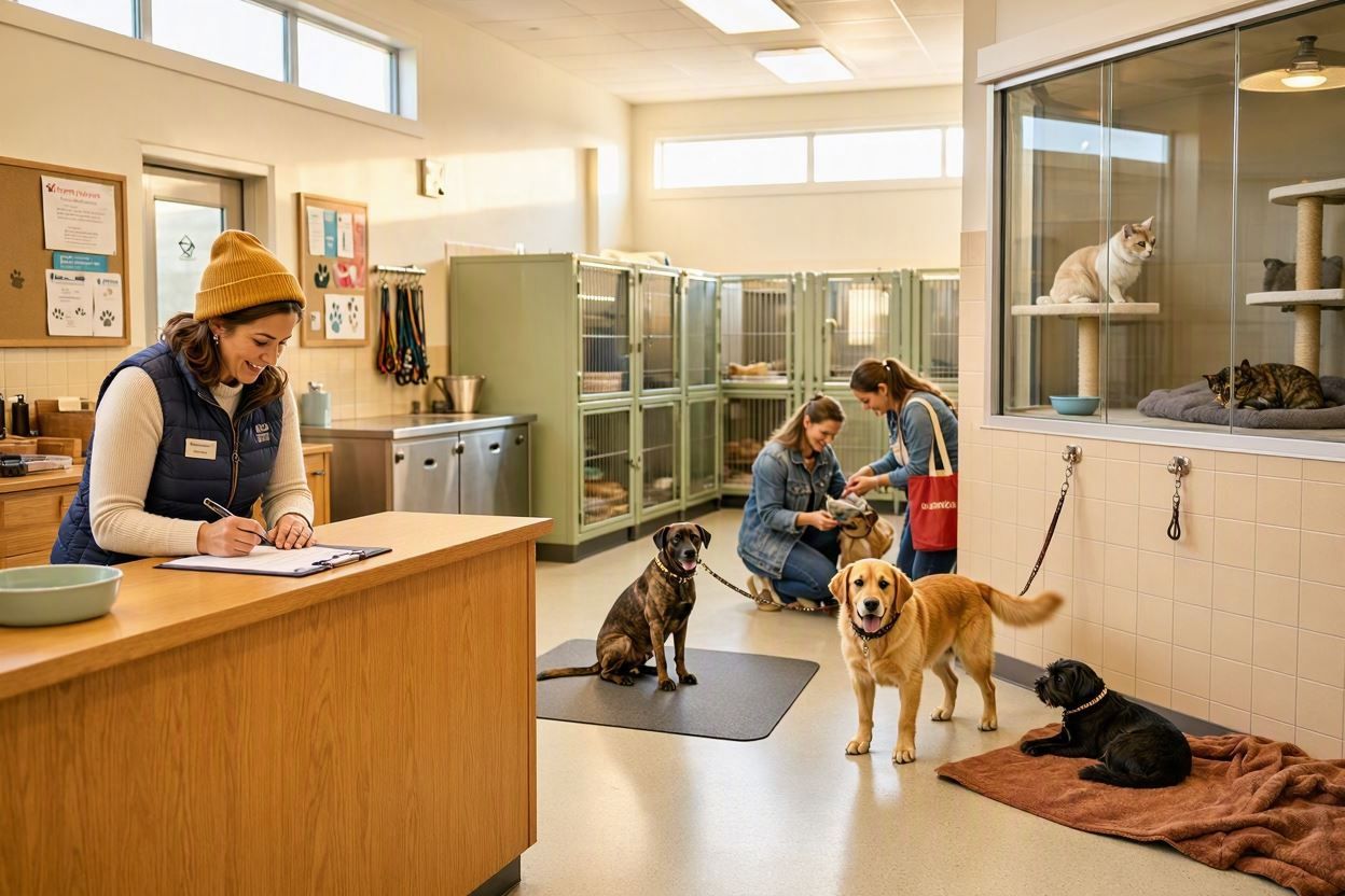 Person at shelter desk with several dogs and cats in a bright animal adoption room
