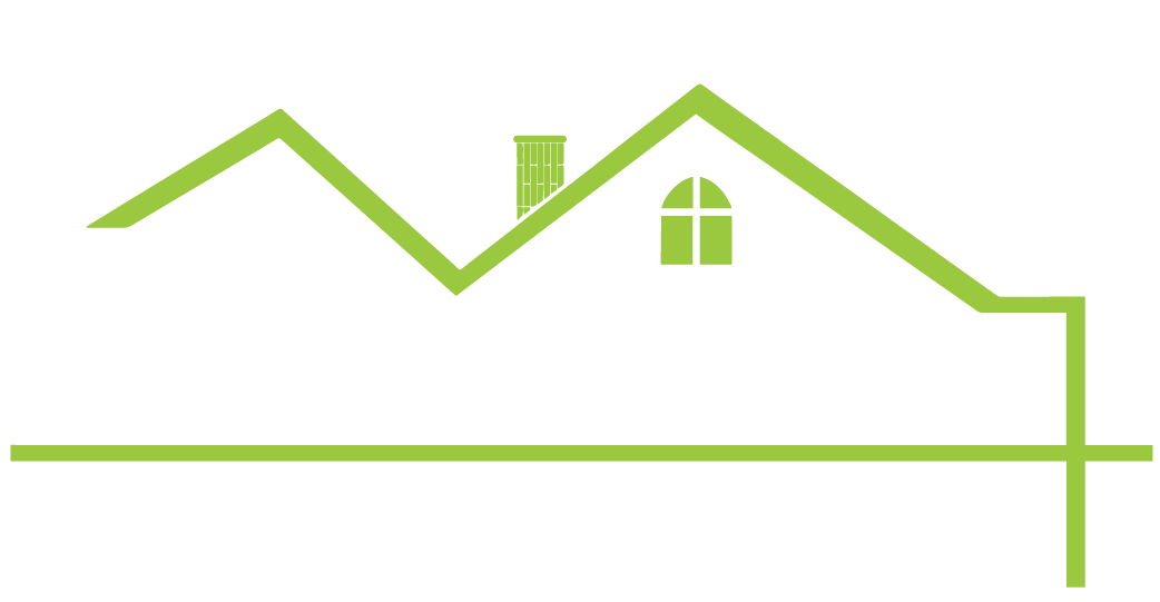 Lime-green house outline with roof, windows, and a long horizontal line on white background