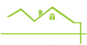 Lime-green house outline with roof, windows, and a long horizontal line on white background
