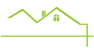 Lime-green house outline with roof, windows, and a long horizontal line on white background