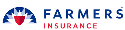 A farmers insurance logo with a red white and blue shield