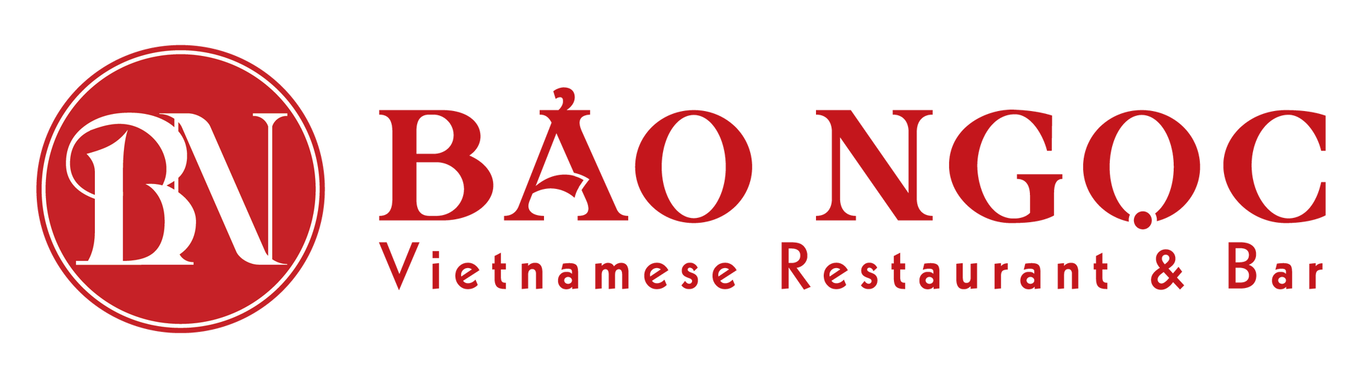Rotes, kreisförmiges BN-Logo mit der Aufschrift „BAO NGOC“ und „Vietnamese Restaurant & Bar“ in roter Schrift auf weißem Hintergrund