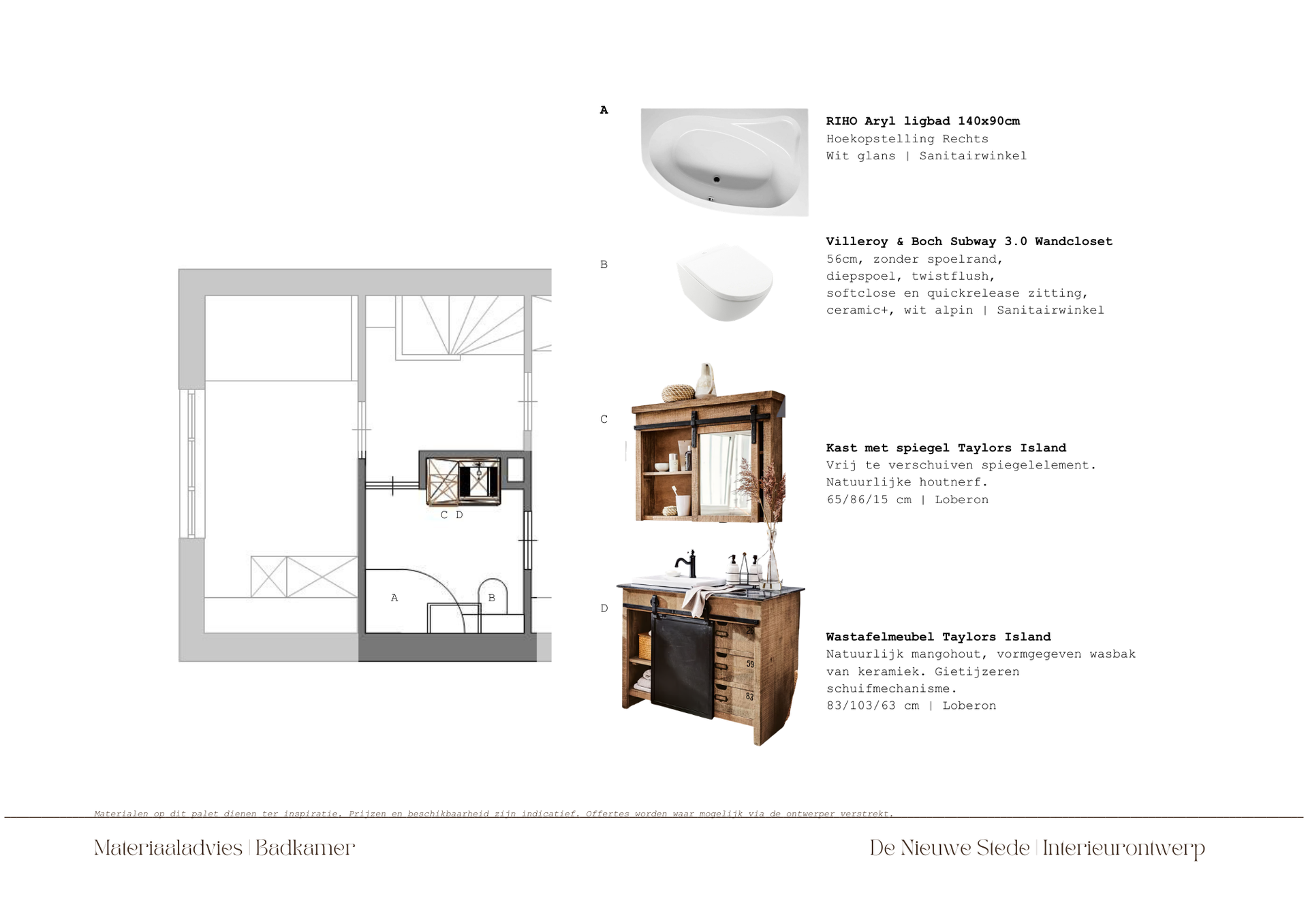Materiaalplan badkamer Interieuradvies Zegge