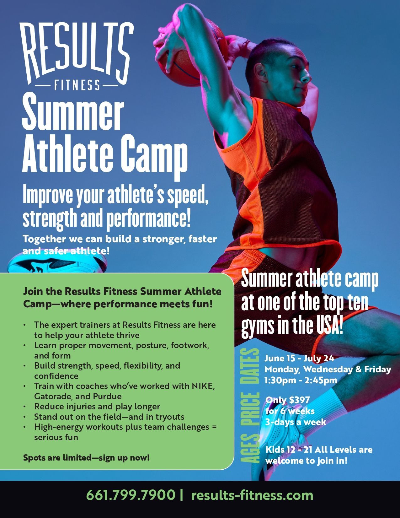 Click to download flyer Results Fitness Summer Athlete Camp poster with boxer, blue and orange design, and event details