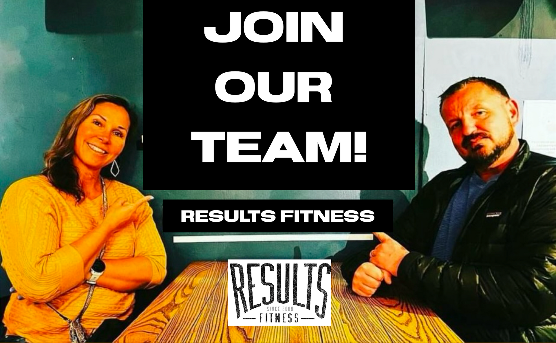 Two people at a table inviting others to join Results Fitness. Black box says 