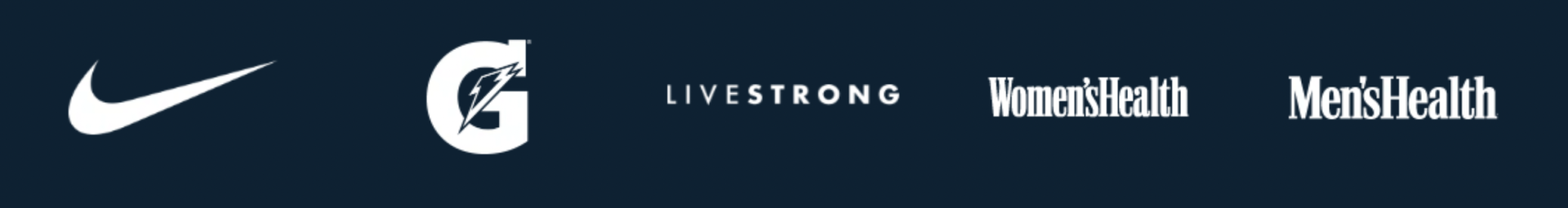Logos of Nike, Gatorade, LIVESTRONG, Nurse.Health, and Men's Health, in white on a dark blue background.
