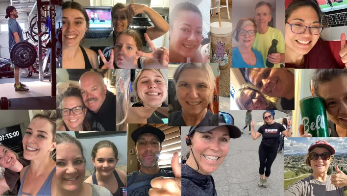 Collage of people in selfies: working out, smiling, giving thumbs-up, holding drinks, and outdoors.