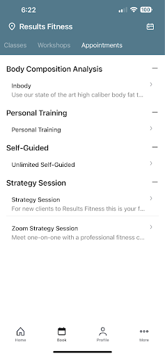 Mobile app screen displaying fitness options: Body Composition, Personal Training, Self-Guided, and Strategy Sessions.