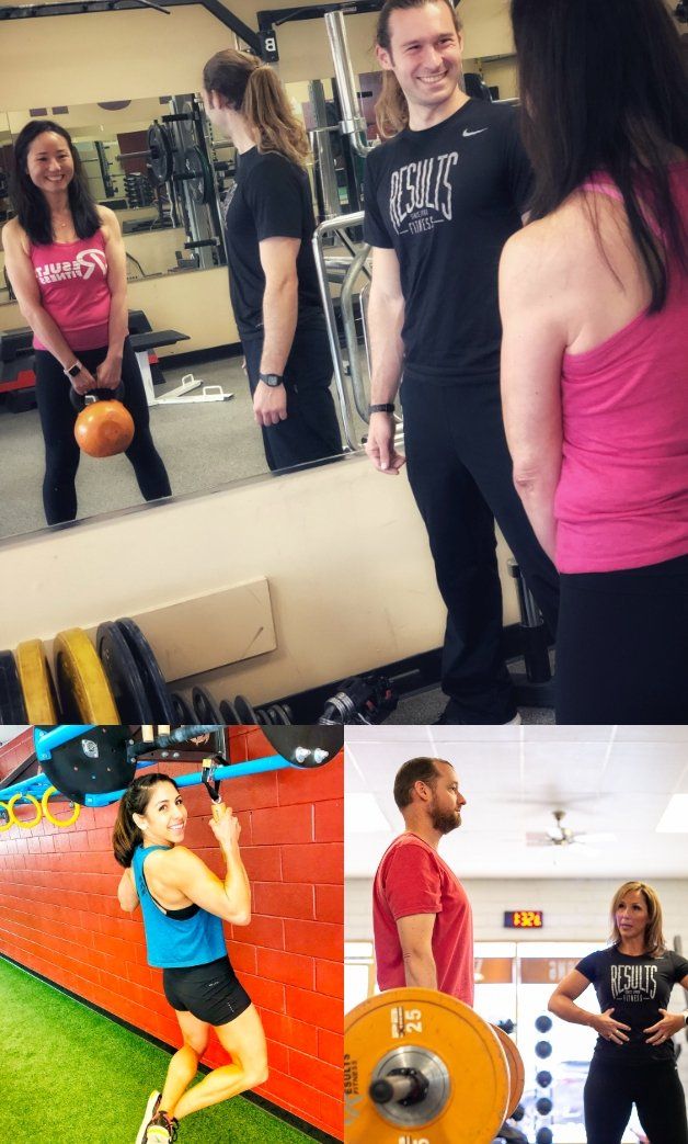 People exercising with weights in a gym. Activities include kettlebell swing, pull-ups, and lifting a barbell.