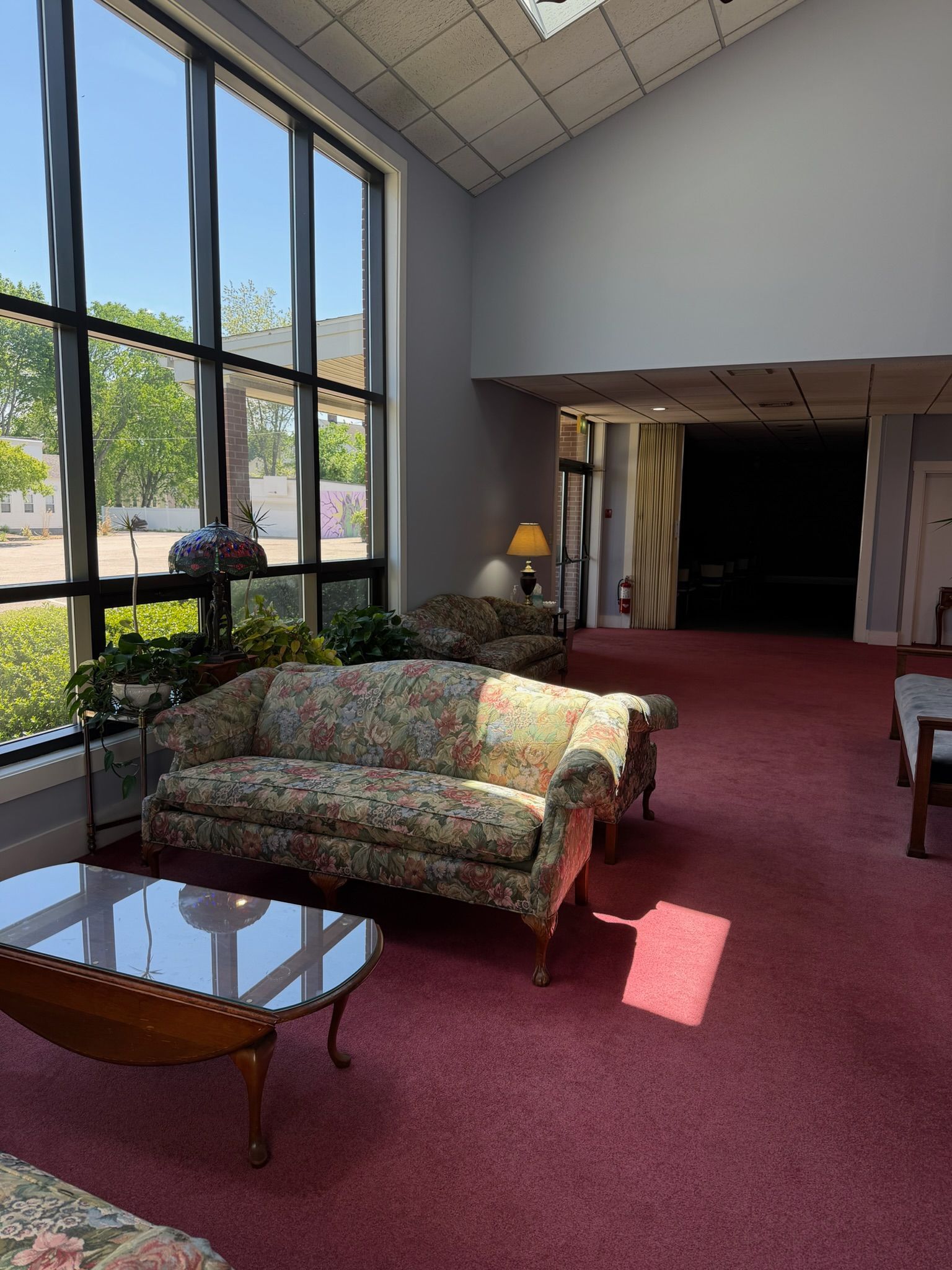 Sunlit lounge with red carpet, floral sofa, wooden coffee table, and tall windows overlooking trees