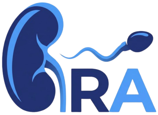 Um logotipo estilizado em azul com o formato de um rim e um espermatozoide, ao lado das letras azuis em negrito