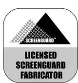 Logo for Screenguard. Contains a mesh design and black triangle over a white background with