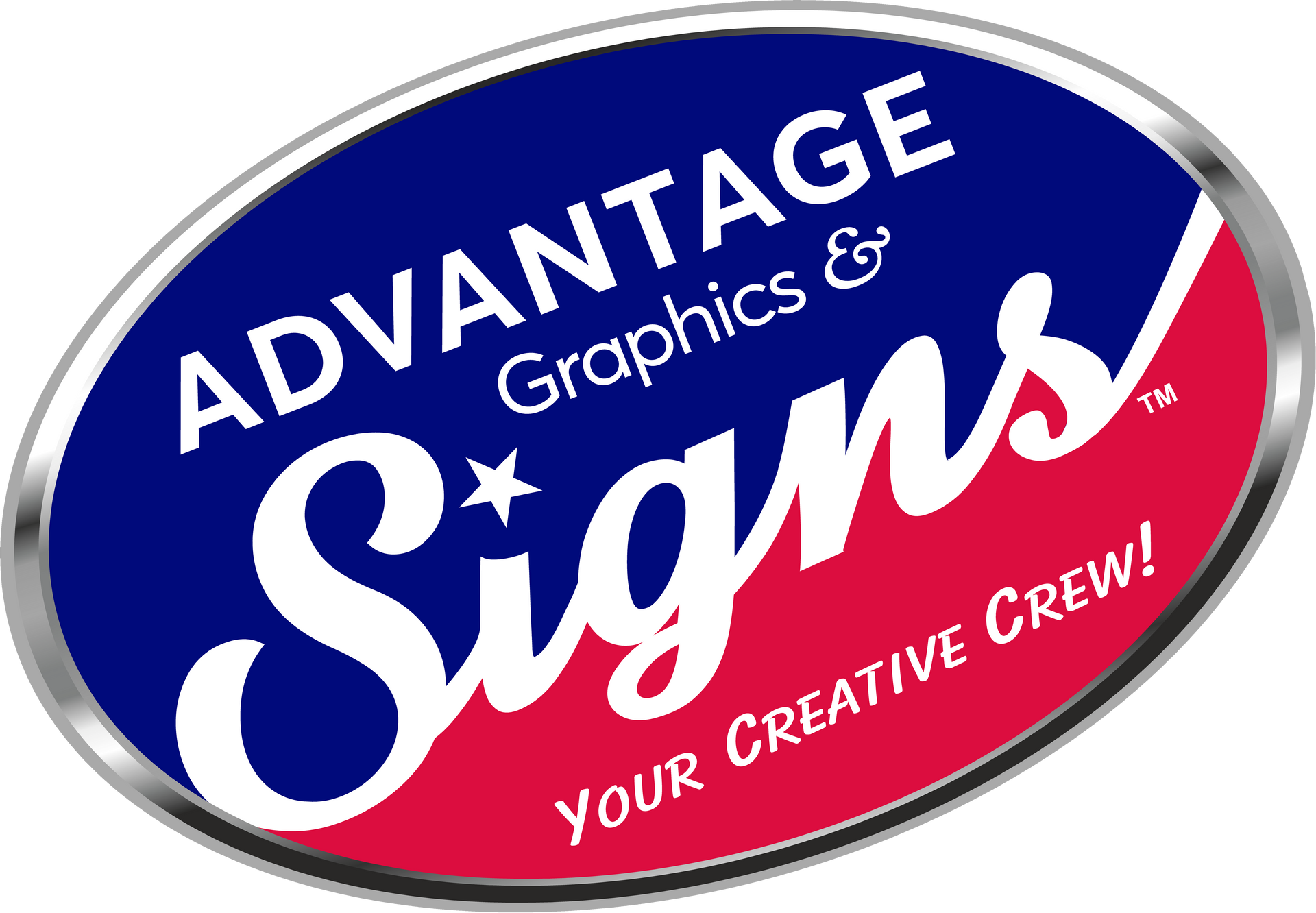 Logo for Advantage Signs: Oval shape with blue and red sections. Text includes 