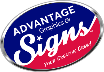 Logo for Advantage Signs: Oval shape with blue and red sections. Text includes 