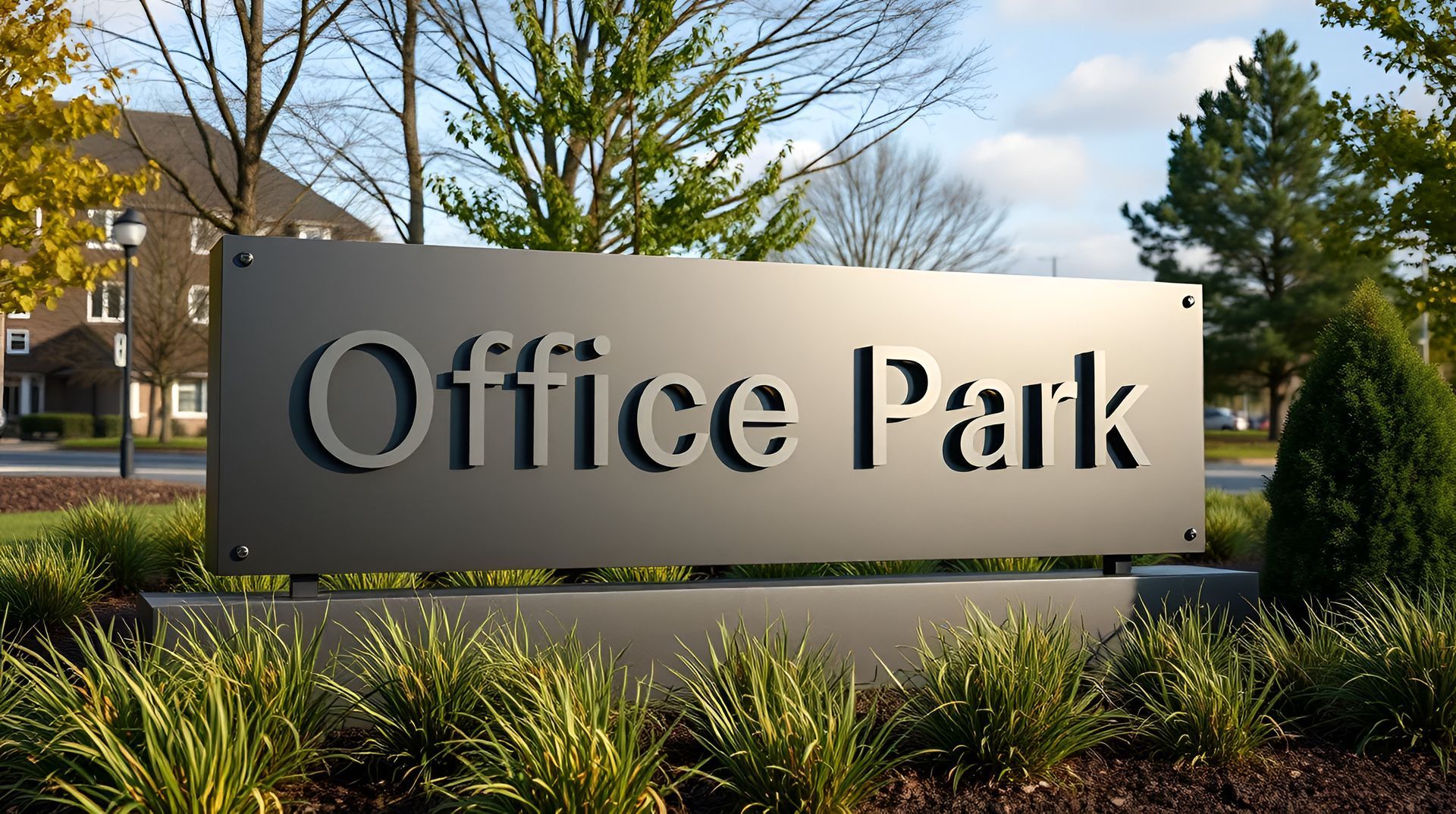 Photograph of a large metal sign with raised letters reading 