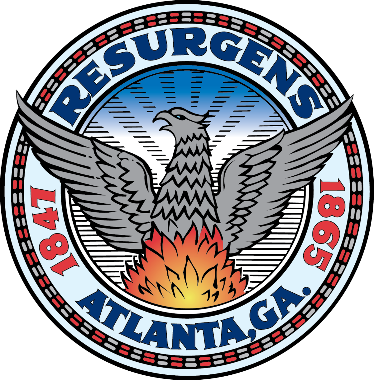 Atlanta, GA seal: Phoenix rising from flames, wings spread, 