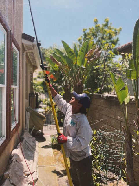 Person cleaning a window in outside area.