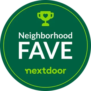 Green circular Neighborhood FAVE nextdoor badge with trophy icon and white text
