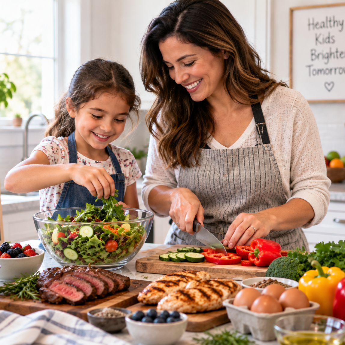 Parent and child preparing a healthy meal with steak, chicken, eggs, fresh vegetables, fruit, and sa
