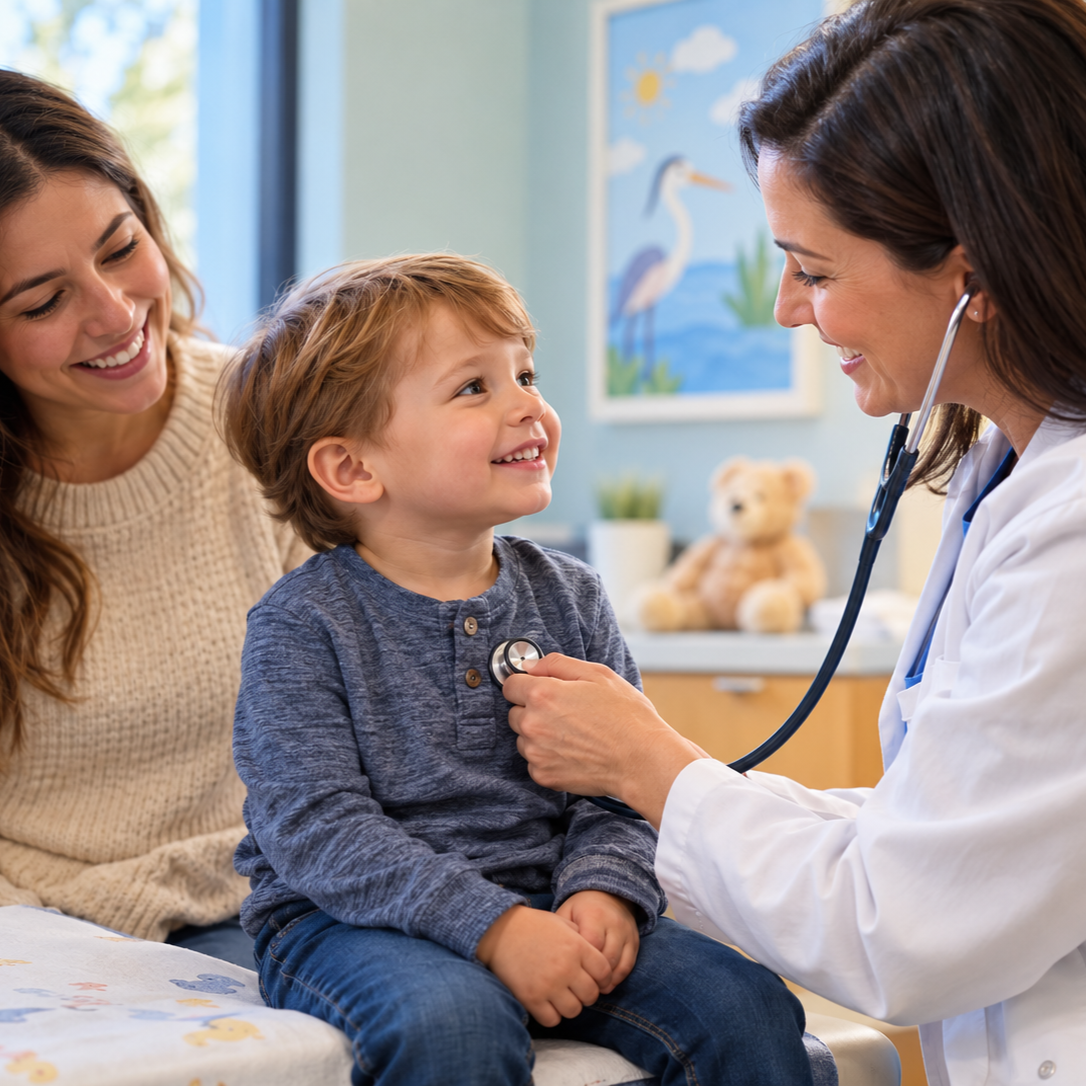 Pediatrician examining a young child in a warm, welcoming medical office