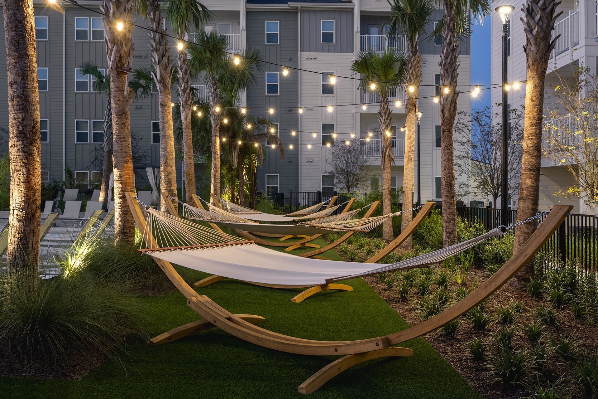 Hammocks at twilight at Livano Wildwood.