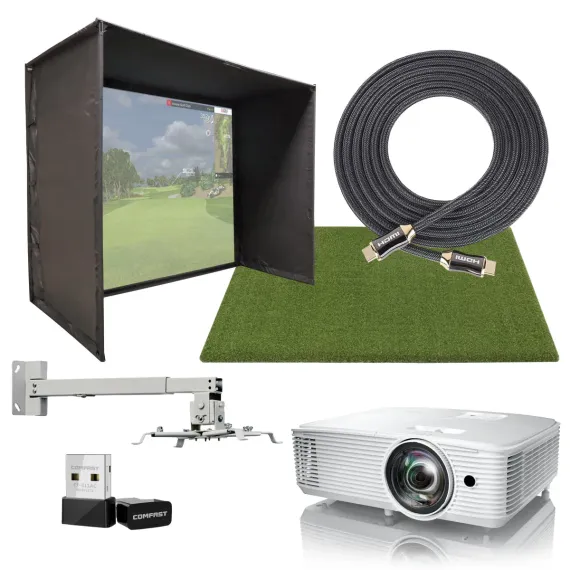 A projector is sitting on top of a green mat next to a screen.