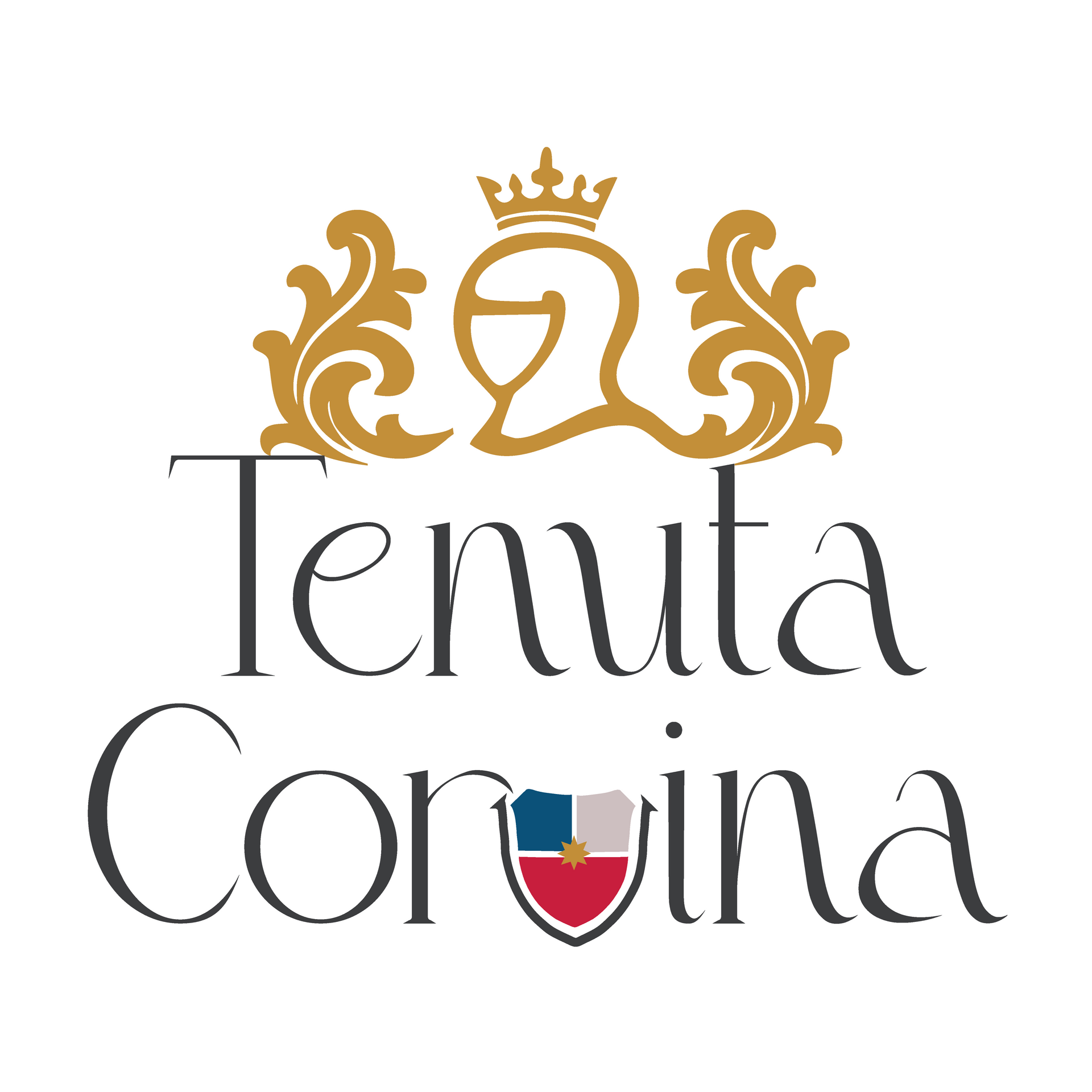 Logo Tenuta Corvina con stemma dorato e corona sopra la scritta nera e un piccolo emblema a forma di scudo rosso