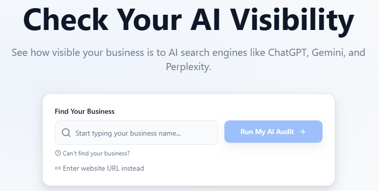 entering a business name into KendroAI.com to start an AI Visibility Audit across search platforms