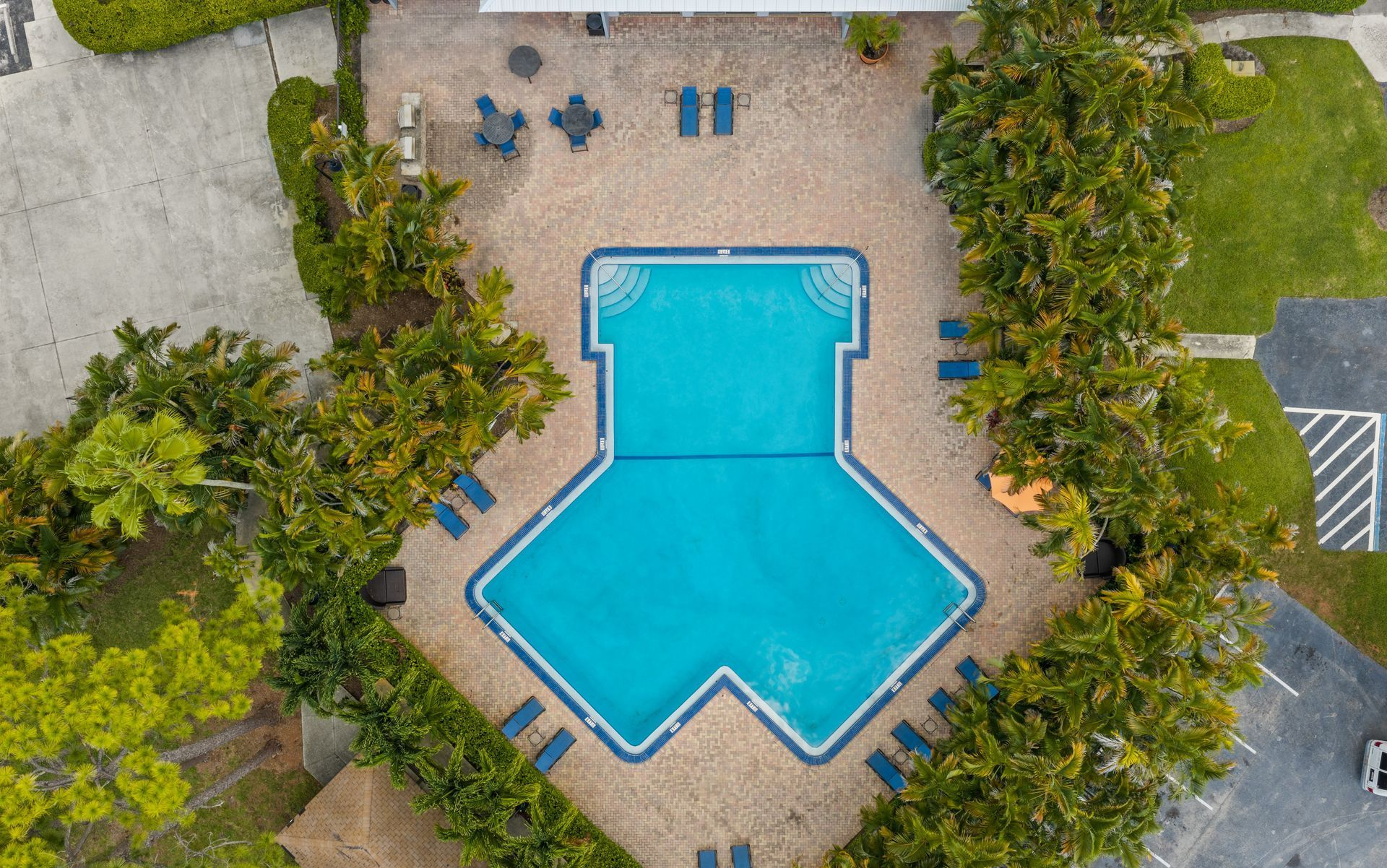 Aerial view of a blue swimming pool surrounded by tan paving, lounge chairs, and green trees.