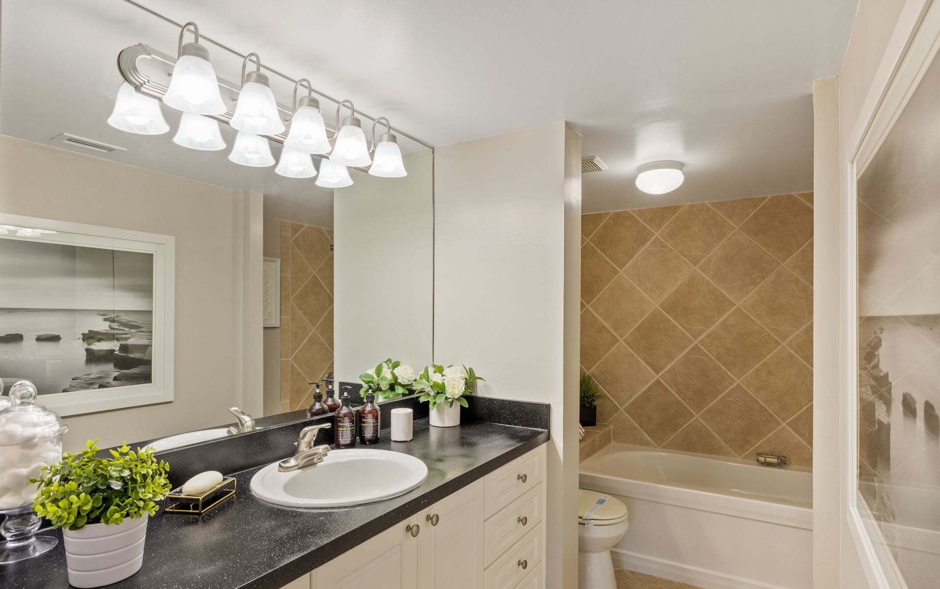 Bright bathroom with double vanity, black countertop, large mirror, and tiled tub-shower in the background.