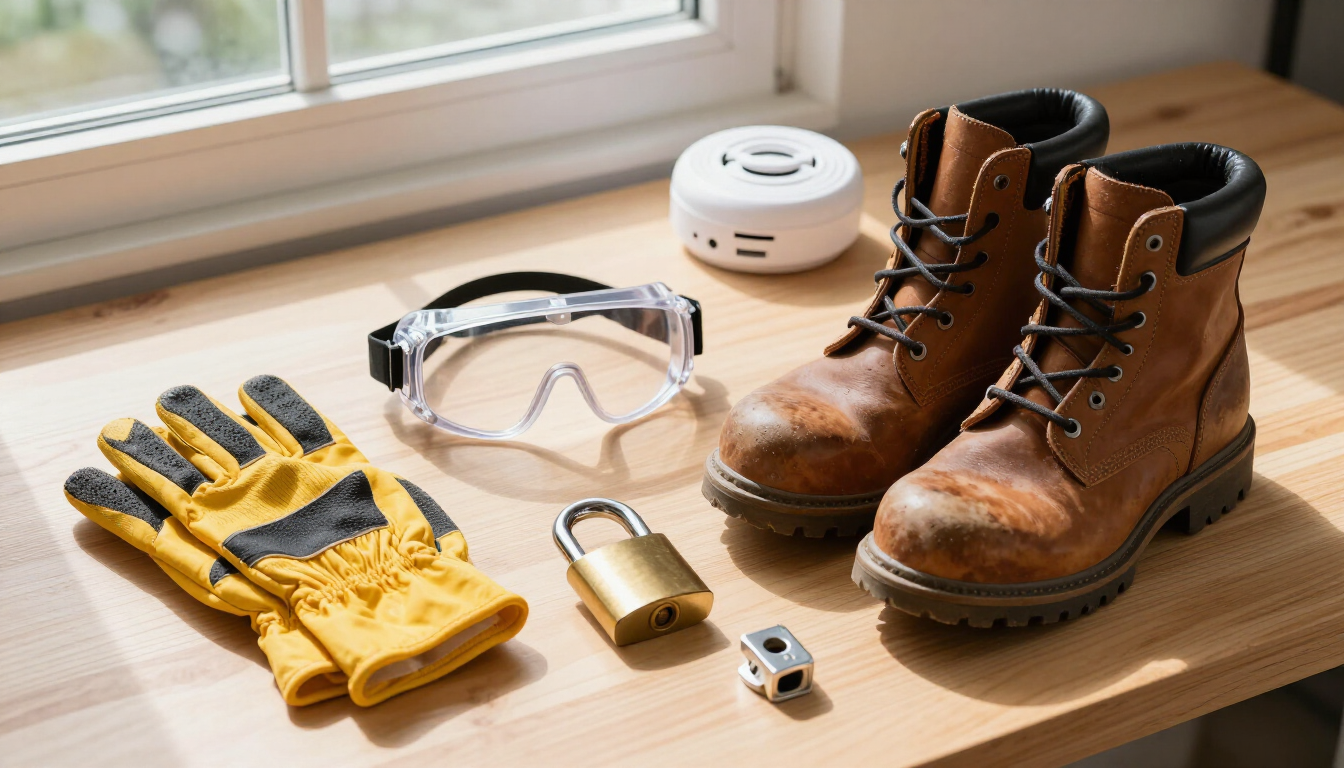 Guantes de trabajo, gafas de seguridad, botas, candado y un pequeño dispositivo en el alféizar de una ventana.