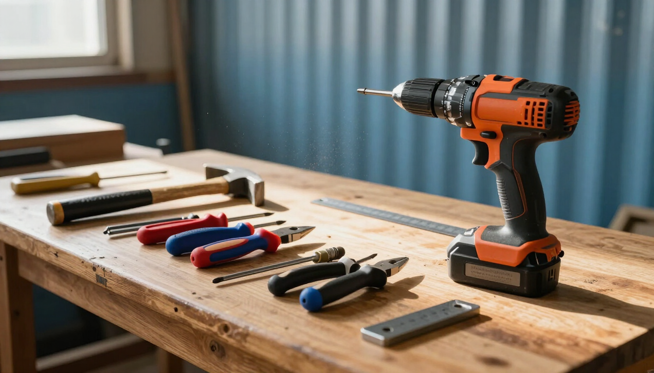 Taladro inalámbrico junto a diversas herramientas manuales sobre un banco de trabajo de madera en un taller.