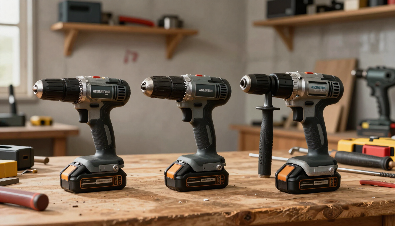 Tres taladros inalámbricos sobre un banco de trabajo de madera en un taller, con las herramientas desenfocadas al fondo.