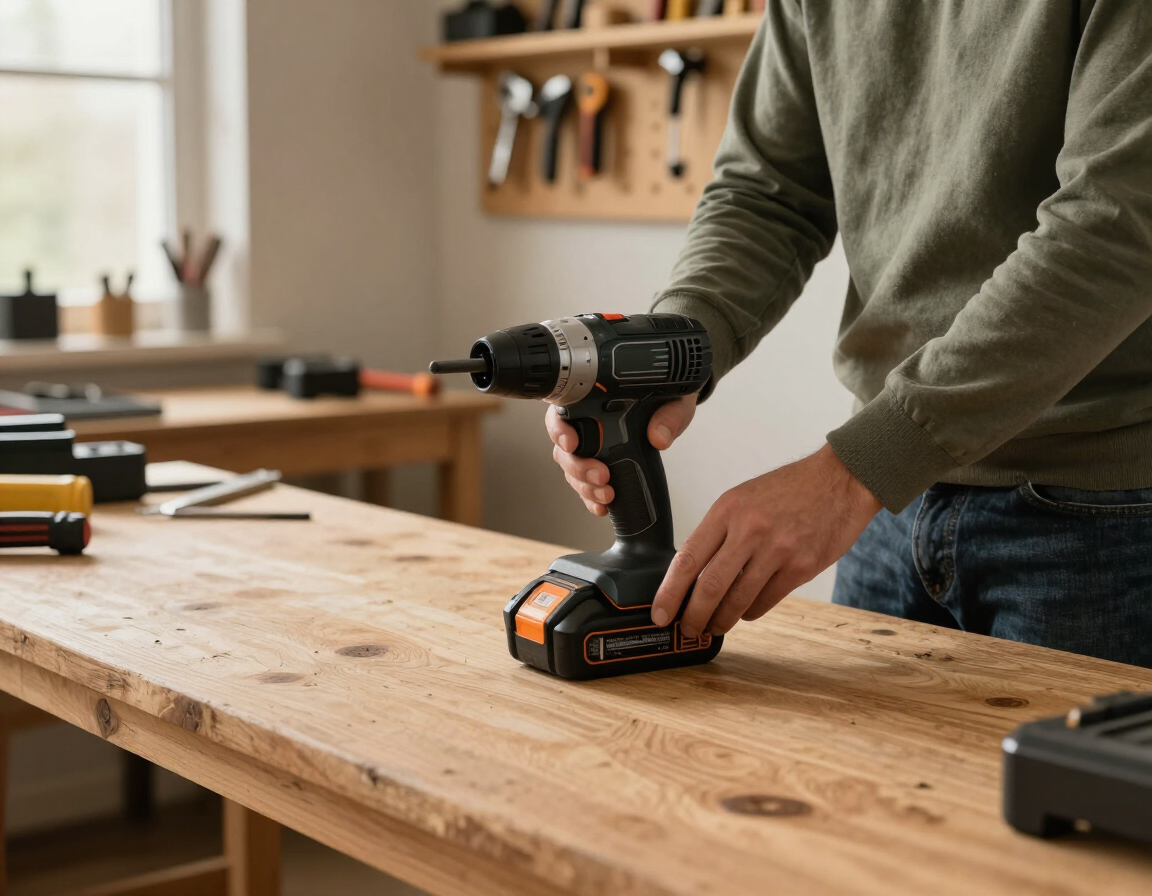 Persona utilizando un taladro inalámbrico en un banco de trabajo de madera en un taller.