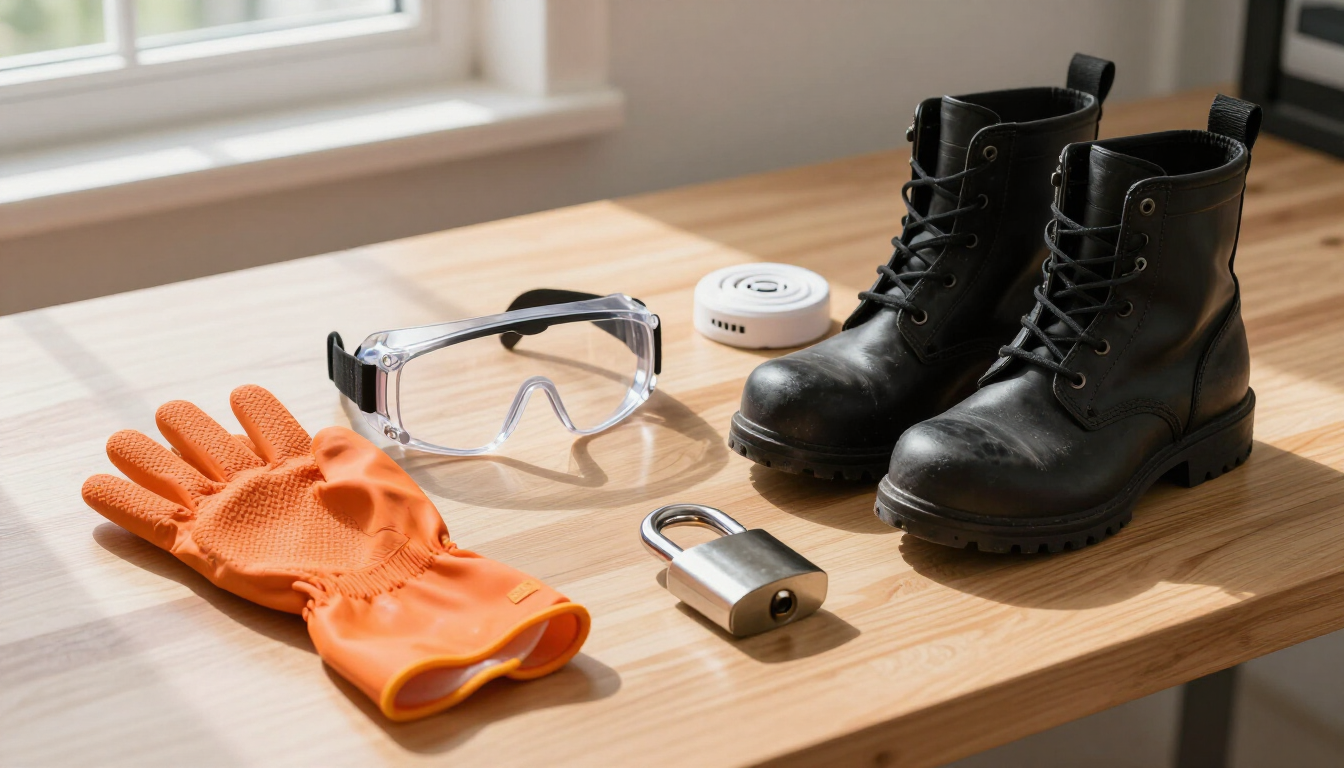 Guantes naranjas, gafas de seguridad transparentes, botas negras, un candado.