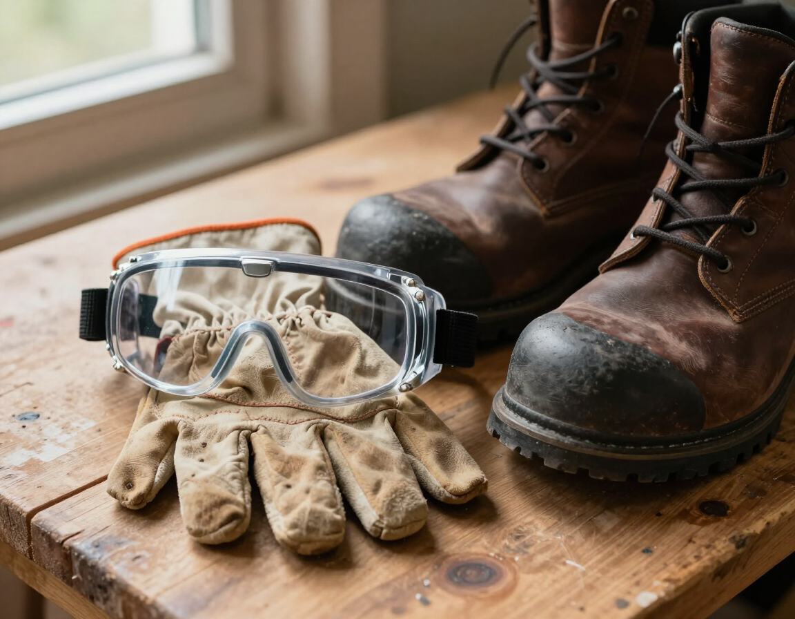 Guantes de trabajo, gafas de seguridad y botas sobre un banco de madera junto a una ventana.