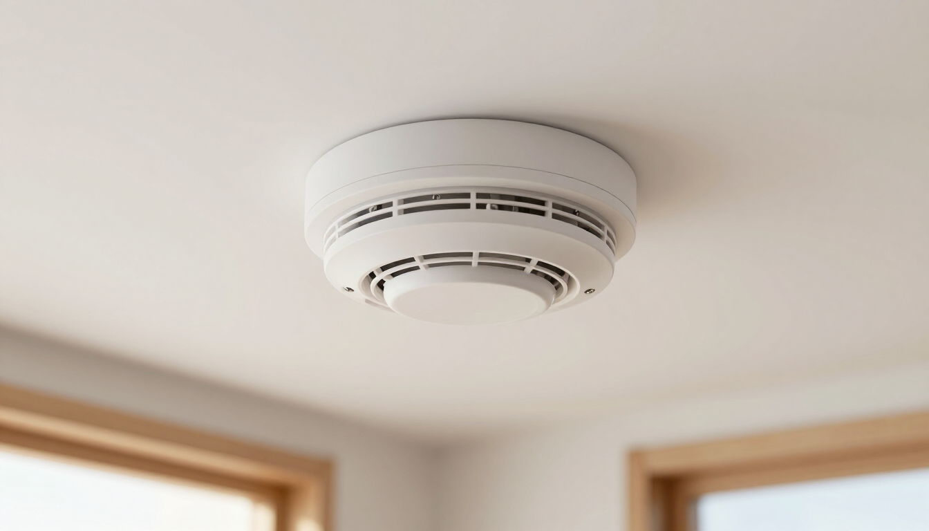 Detector de humo blanco instalado en el techo de una habitación cerca de las ventanas.