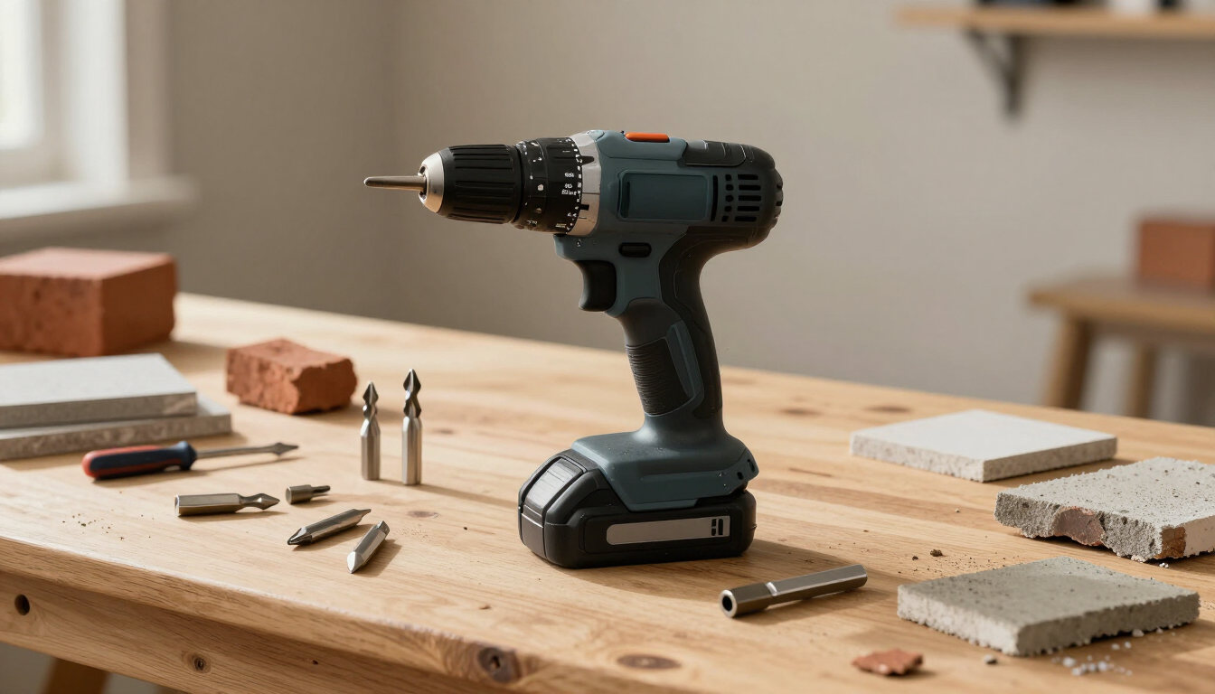 Taladro inalámbrico negro sobre un banco de trabajo de madera con tornillos, brocas y ladrillos esparcidos.