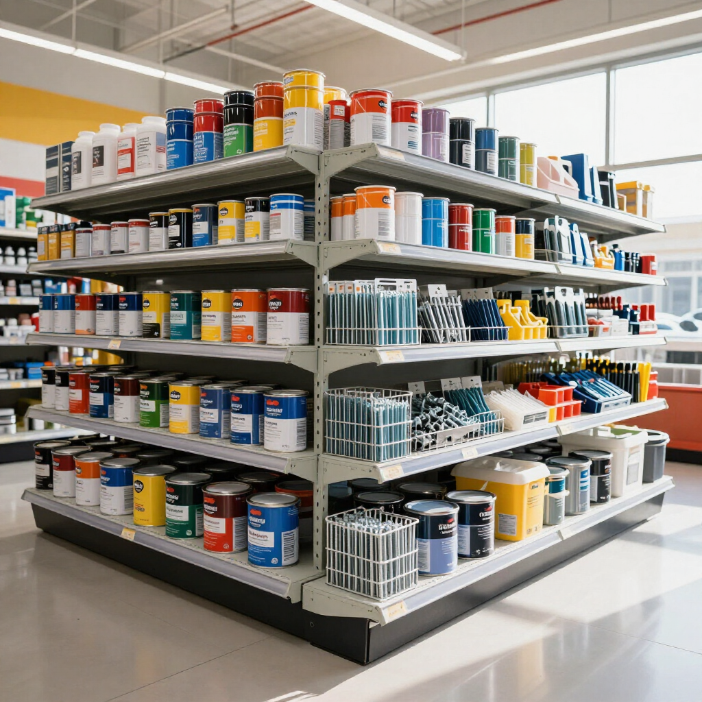 Estantería con latas de pintura de colores y otros suministros en un pasillo de tienda bien iluminado.