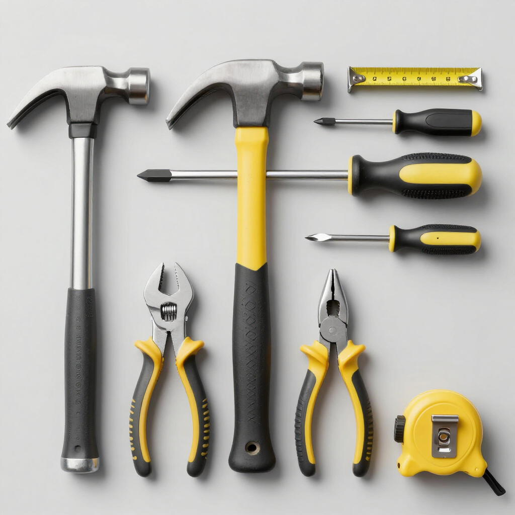 Diversas herramientas manuales sobre una superficie gris: martillos, alicates, destornilladores, cinta métrica y cúter.