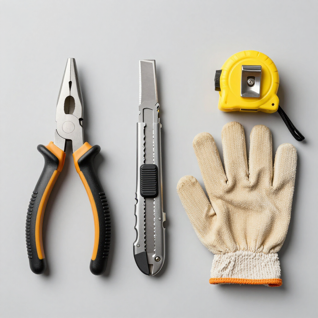 Alicates, cúter, cinta métrica amarilla y guantes de trabajo sobre un fondo claro.