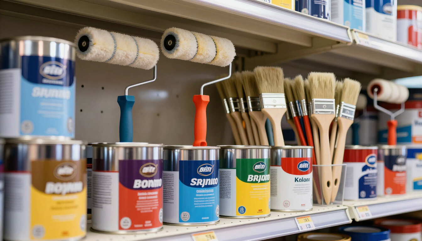 Latas de pintura y pinceles expuestos en un estante de una tienda, con rodillos encima.