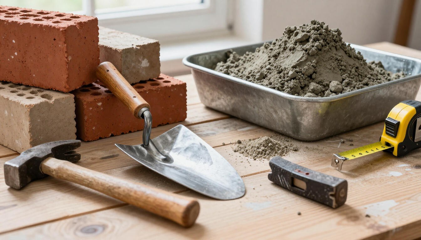 Herramientas de construcción y mezcla de cemento sobre una superficie de madera junto a ladrillos y una cinta métrica.