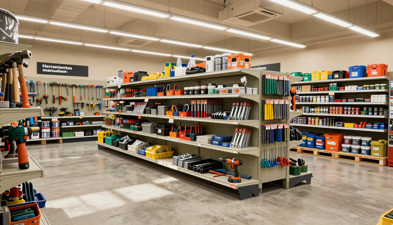 Pasillo de una tienda con estantes repletos de productos de limpieza, herramientas y artículos para el hogar.