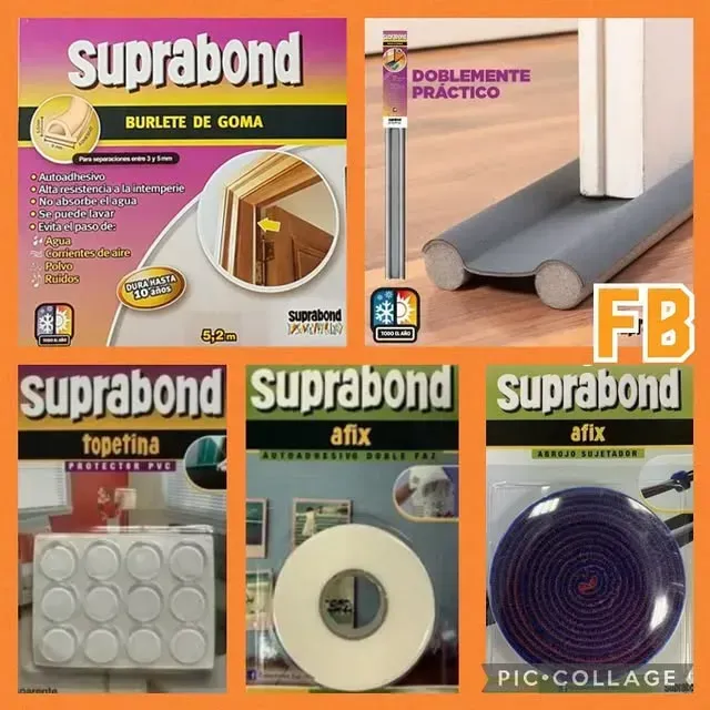 Collage de envases de adhesivos Suprabond en colores rosa, naranja, verde y blanco.